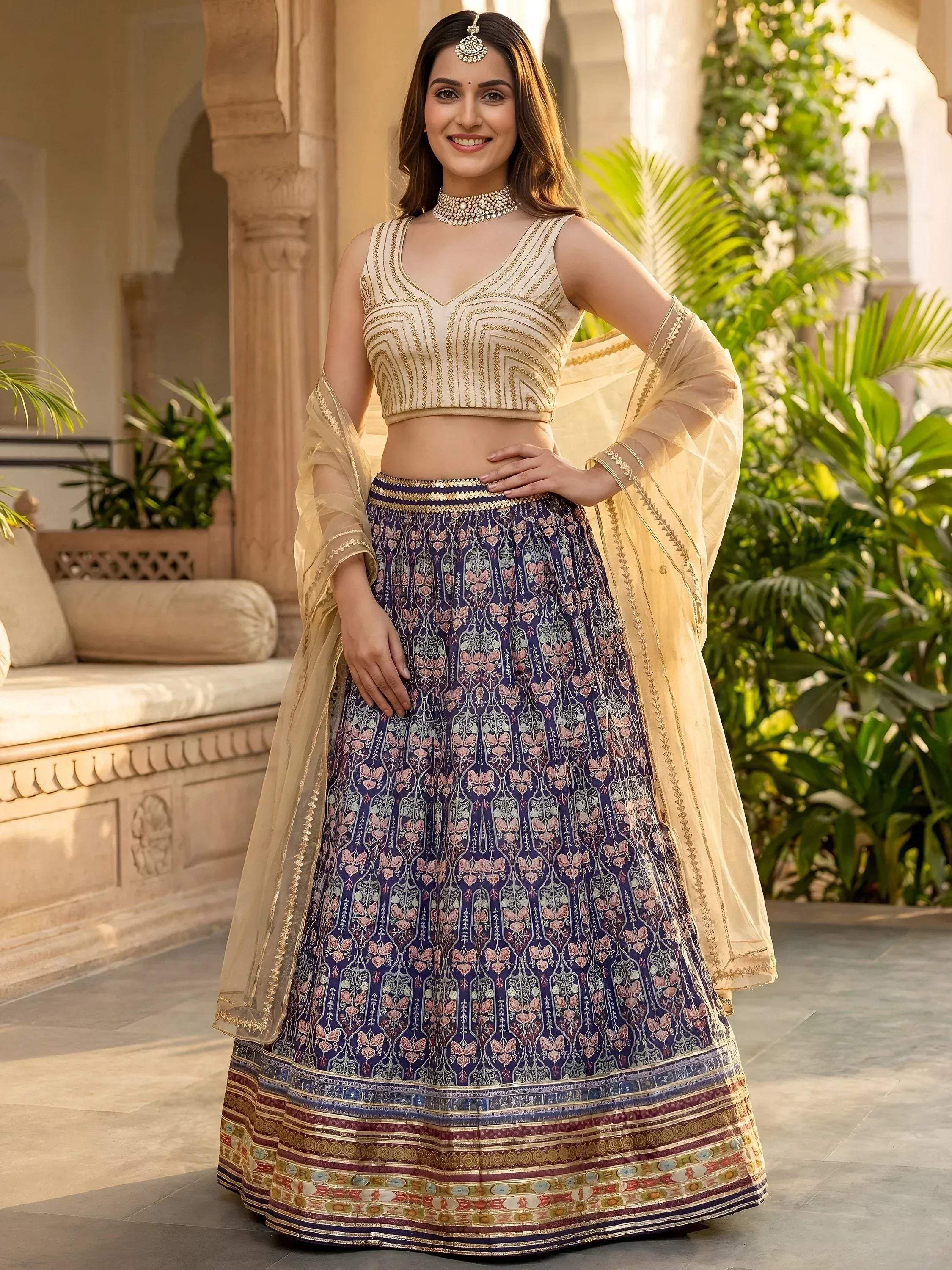 Tulsi Art Glowing Blue Digital Printed Silk Wedding Wear Lehenga Choli - Dista
