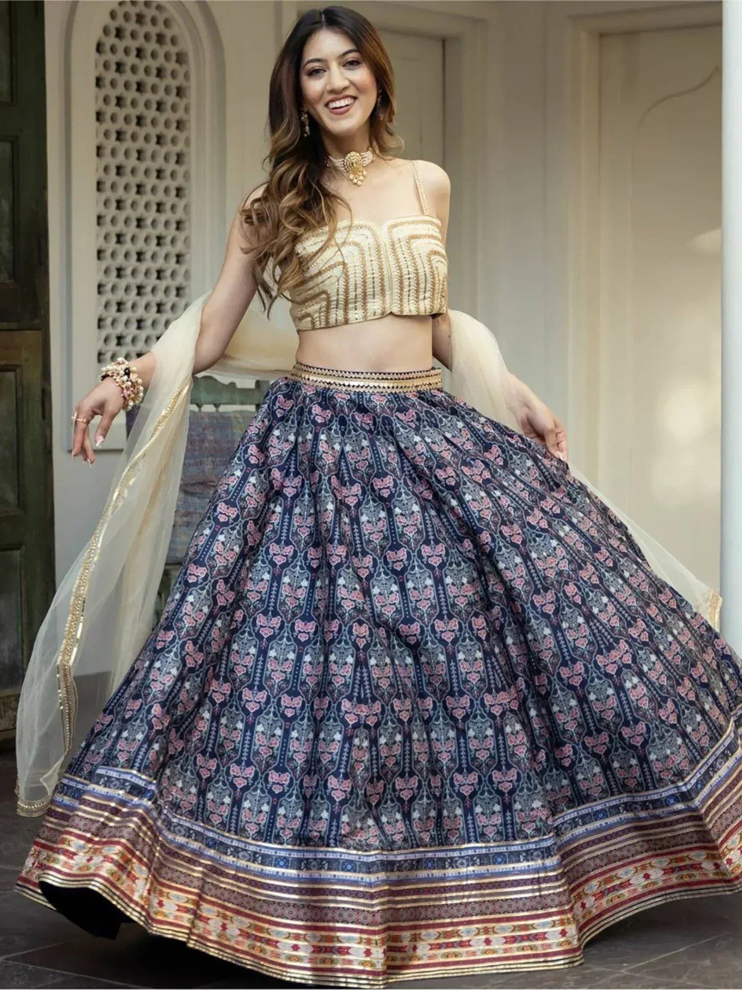 Tulsi Art Beautiful Navy Blue Digital Printed Art Silk Reception Wear Lehenga Choli - Dista