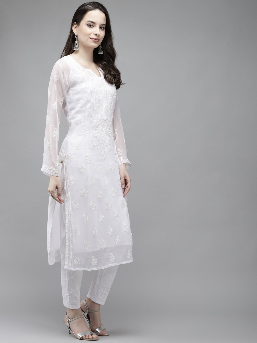 ADA Women White Ethnic Motifs Embroidered Regular Chikankari Handloom Kurta with Trousers - Distacart