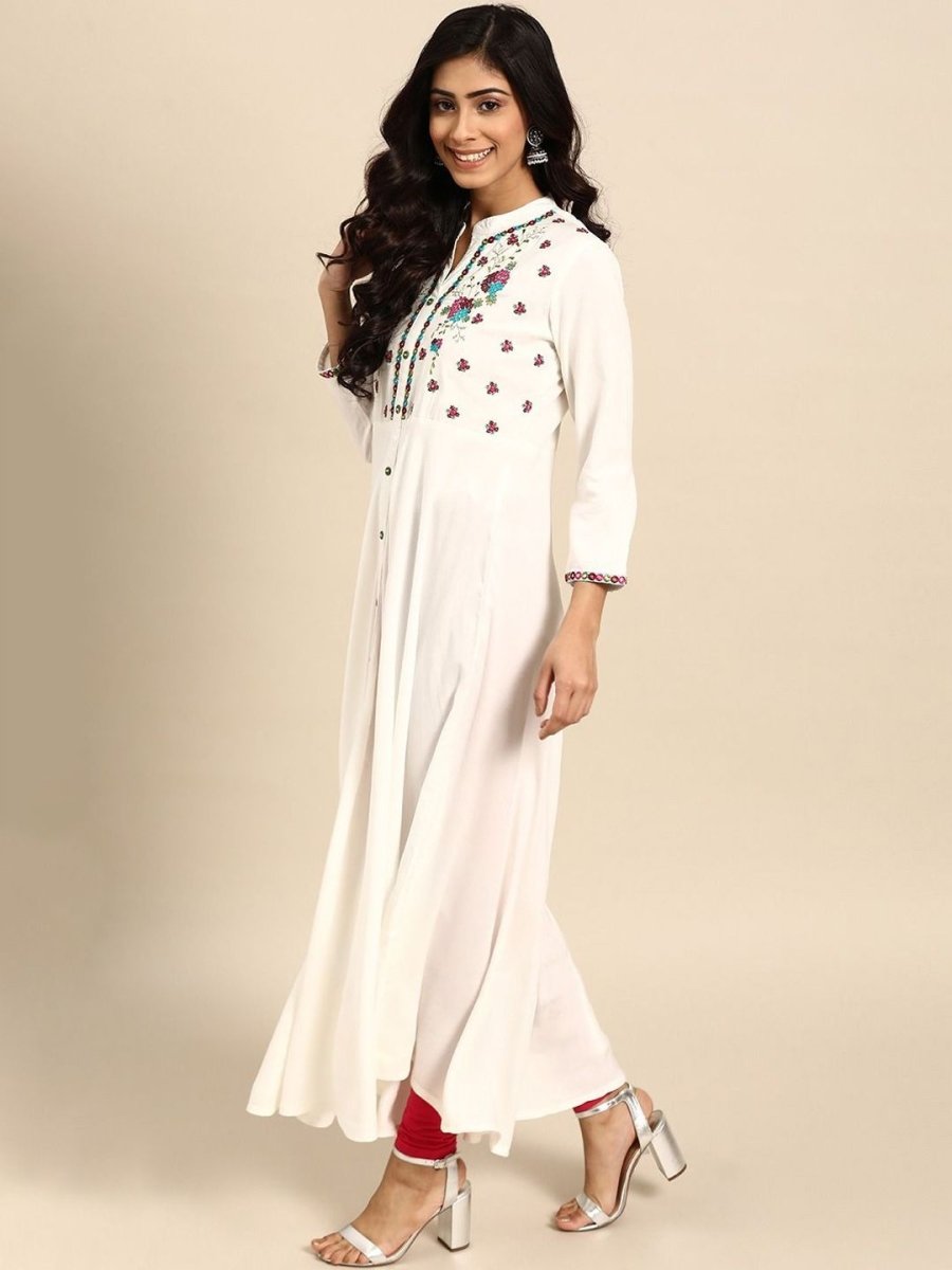 Anouk White Floral Yoke Design Mandarin Collar Mirror Work Cotton A-Line Kurta