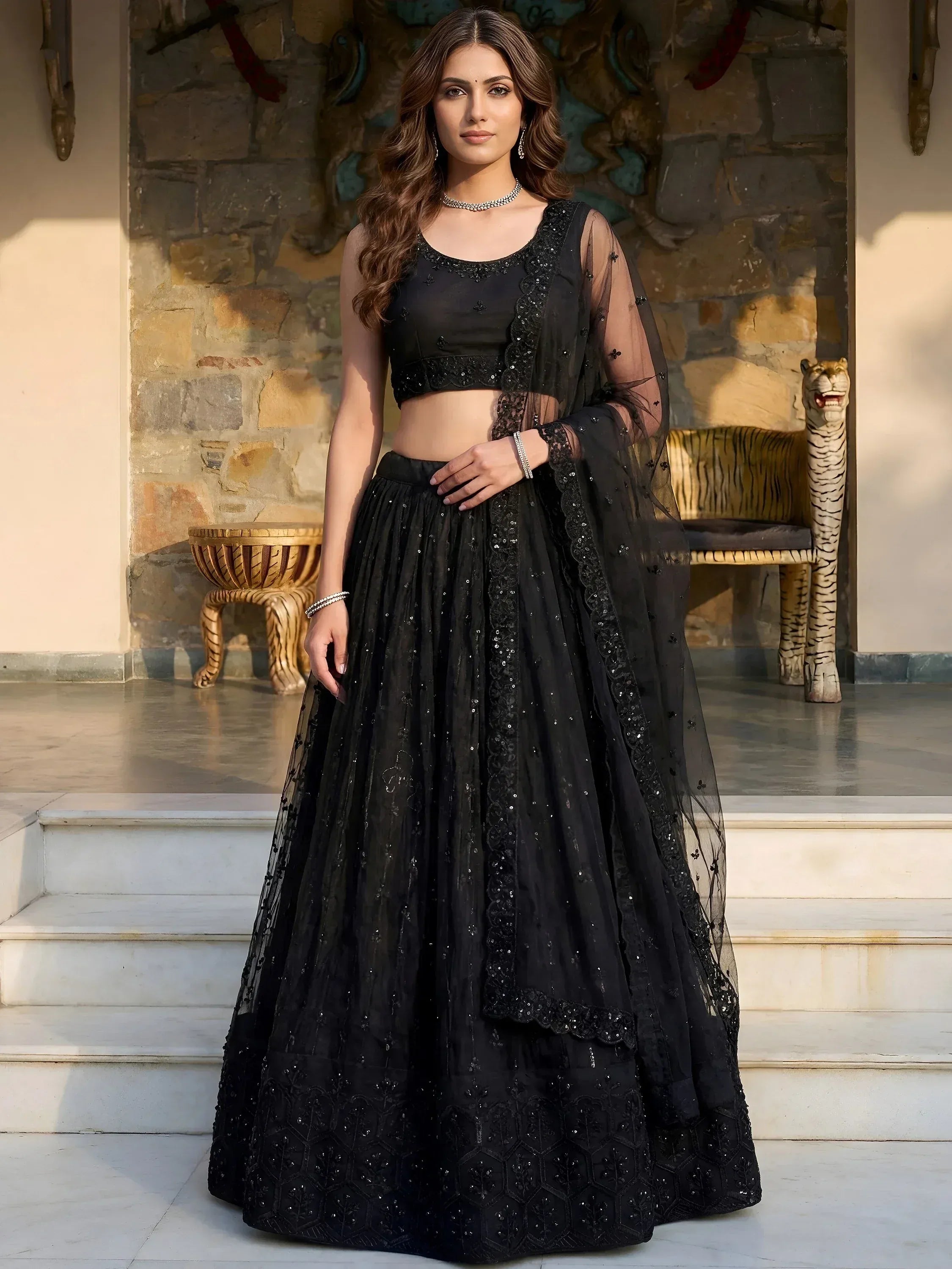Tulsi Art Gorgeous Black Embroidered Net Reception Wear Lehenga Choli - Dista