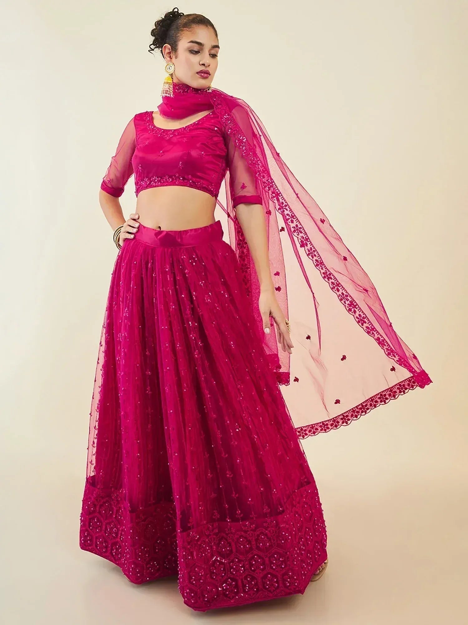 Tulsi Art Gorgeous Pink Sequins Net Party Wear Lehenga Choli With Dupatta - Dista