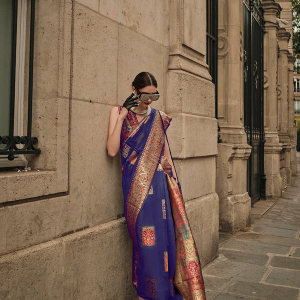 Monjolika Fashion Slate Blue Color Woven Festival Wear Saree - Distacart