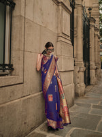 Thumbnail for Monjolika Fashion Slate Blue Color Woven Festival Wear Saree - Distacart