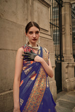 Thumbnail for Monjolika Fashion Slate Blue Color Woven Festival Wear Saree - Distacart
