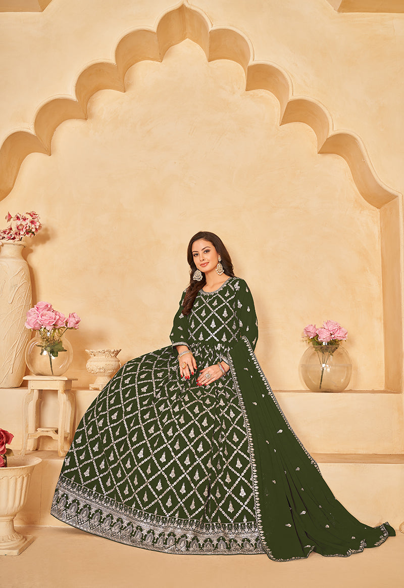 Monjolika Fashion Embroidered Party Wear Olive Green Salwar Suit