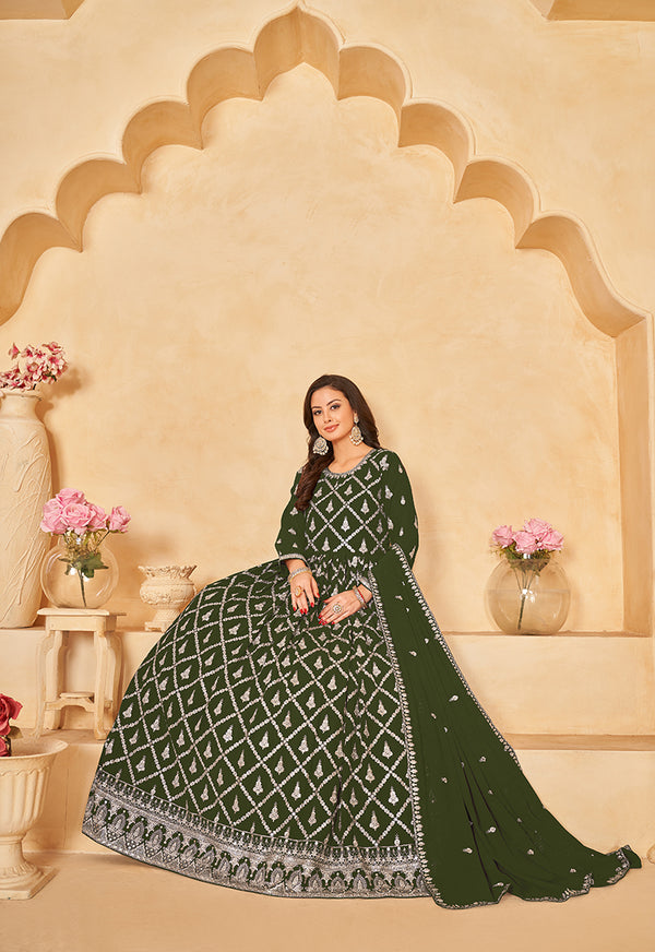 Monjolika Fashion Embroidered Party Wear Olive Green Salwar Suit