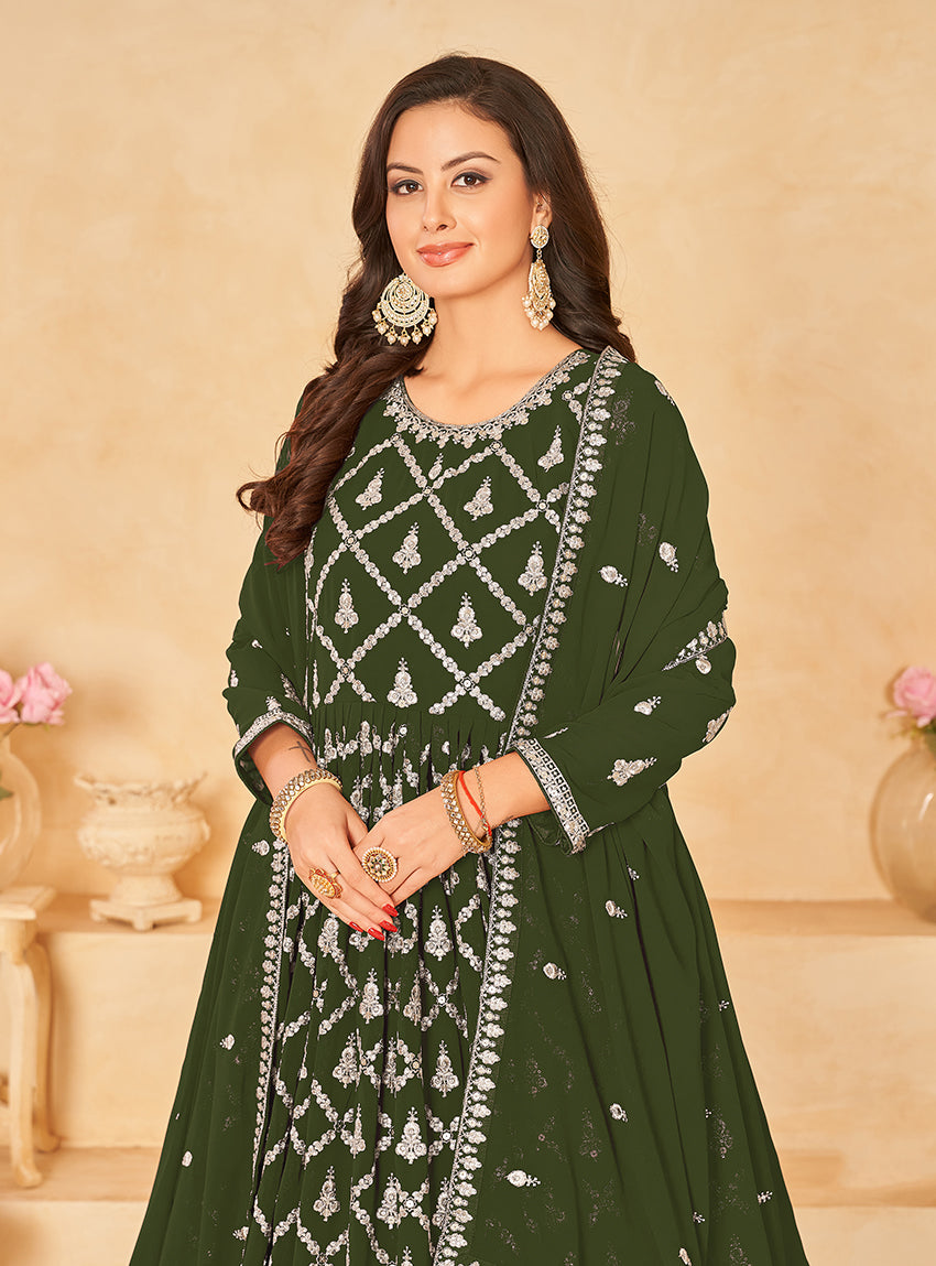 Monjolika Fashion Embroidered Party Wear Olive Green Salwar Suit