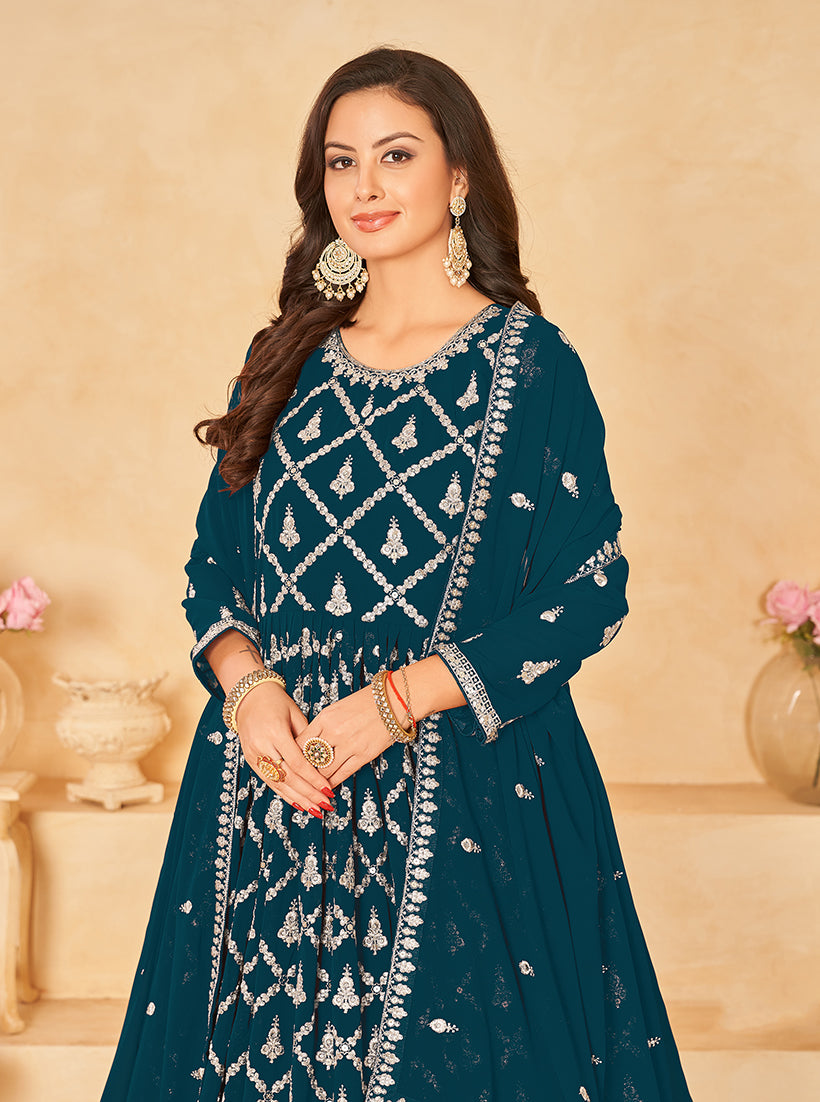Monjolika Fashion Embroidered Party Wear Teal Salwar Suit