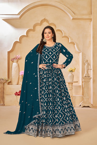 Monjolika Fashion Embroidered Party Wear Teal Salwar Suit