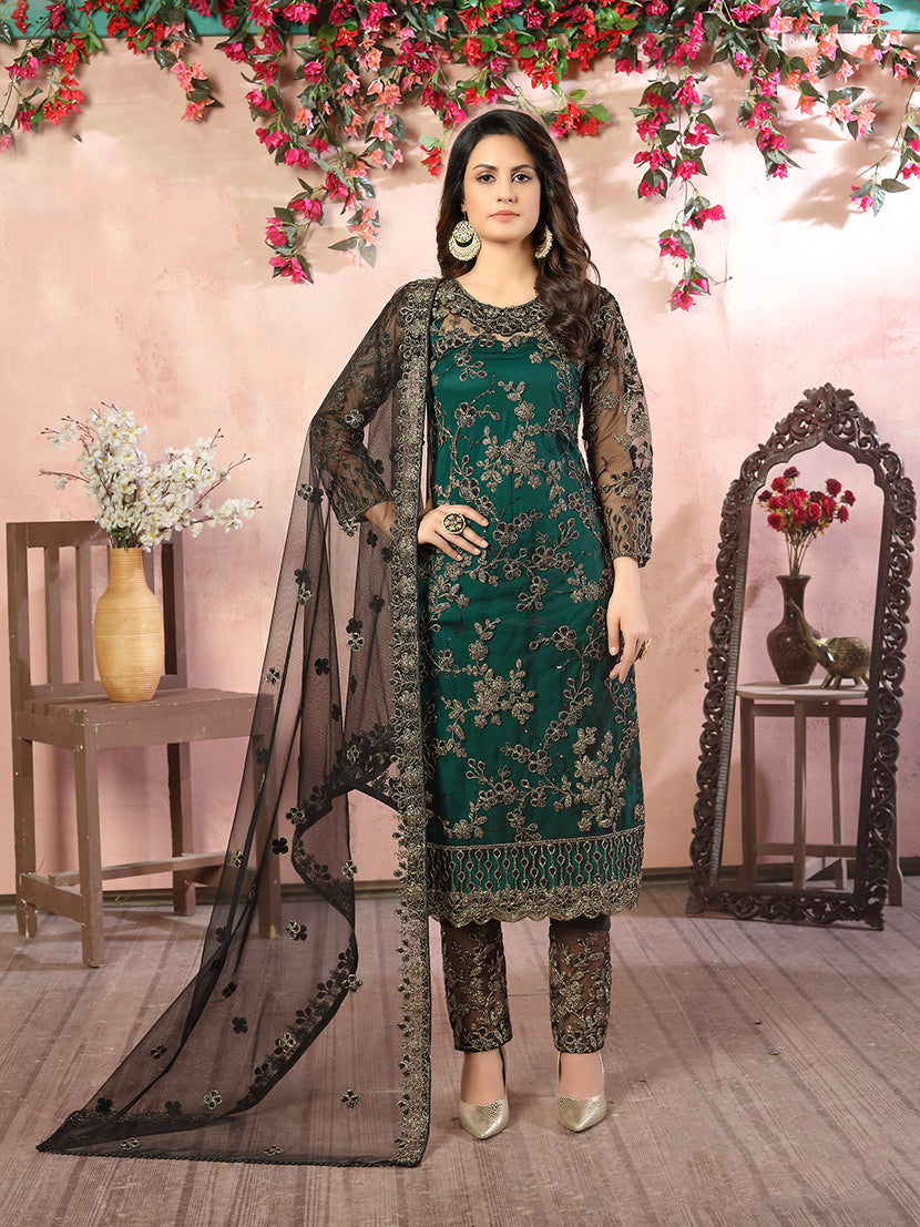 Monjolika Fashion Green Net Embroidery Trendy Salwar Kameez