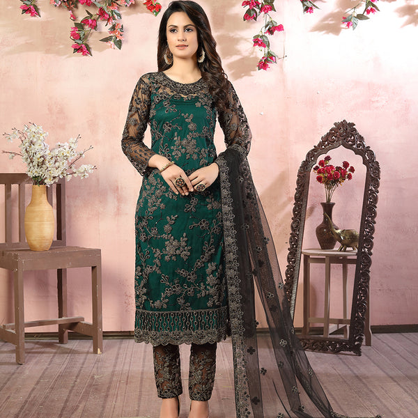 Monjolika Fashion Green Net Embroidery Trendy Salwar Kameez - Distacart