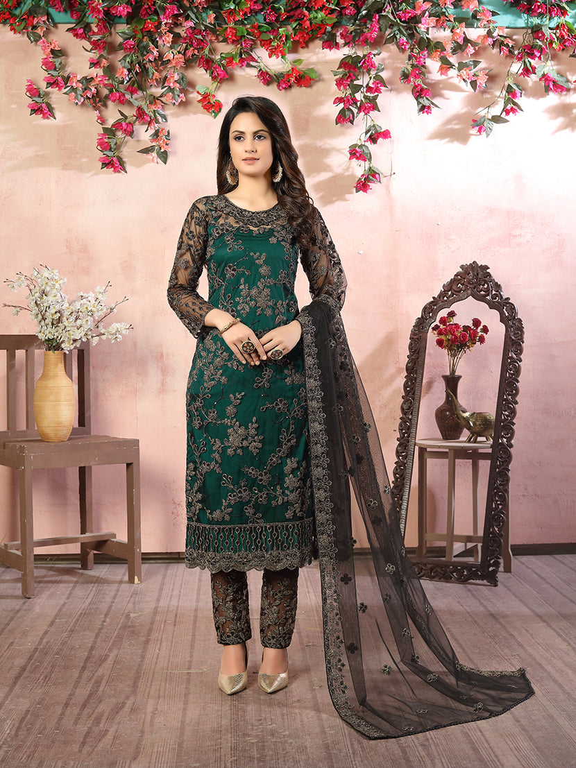 Monjolika Fashion Green Net Embroidery Trendy Salwar Kameez - Distacart