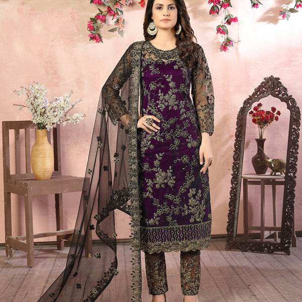 Monjolika Fashion Purple Net Embroidery Trendy Salwar Kameez - Distacart