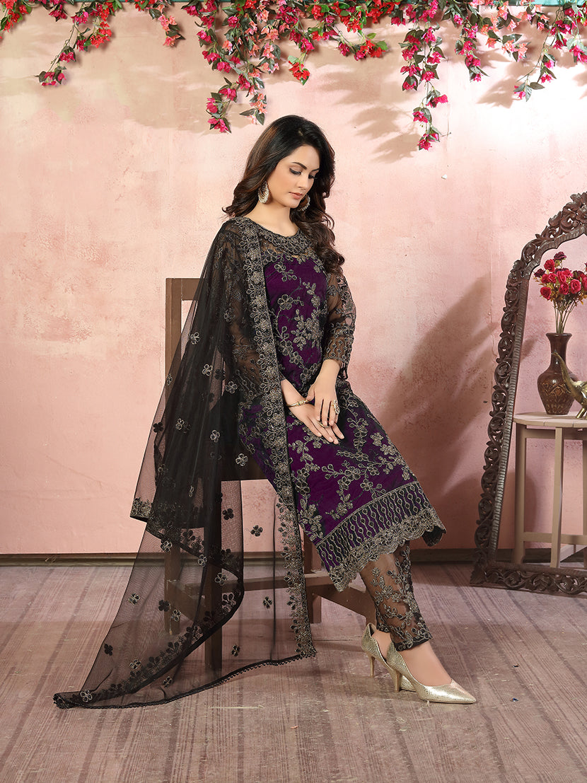 Monjolika Fashion Purple Net Embroidery Trendy Salwar Kameez