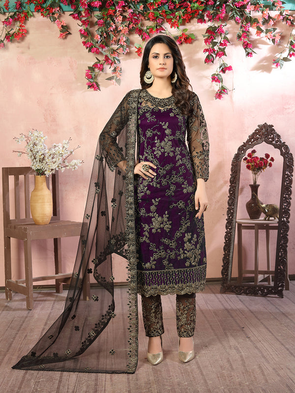 Monjolika Fashion Purple Net Embroidery Trendy Salwar Kameez
