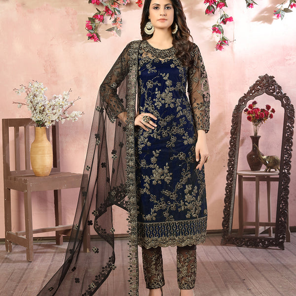 Monjolika Fashion Navy Net Embroidery Trendy Salwar Kameez - Distacart
