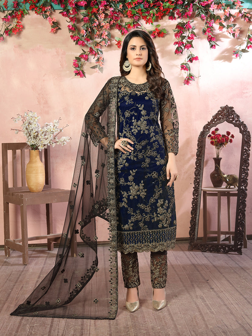 Monjolika Fashion Navy Net Embroidery Trendy Salwar Kameez - Distacart
