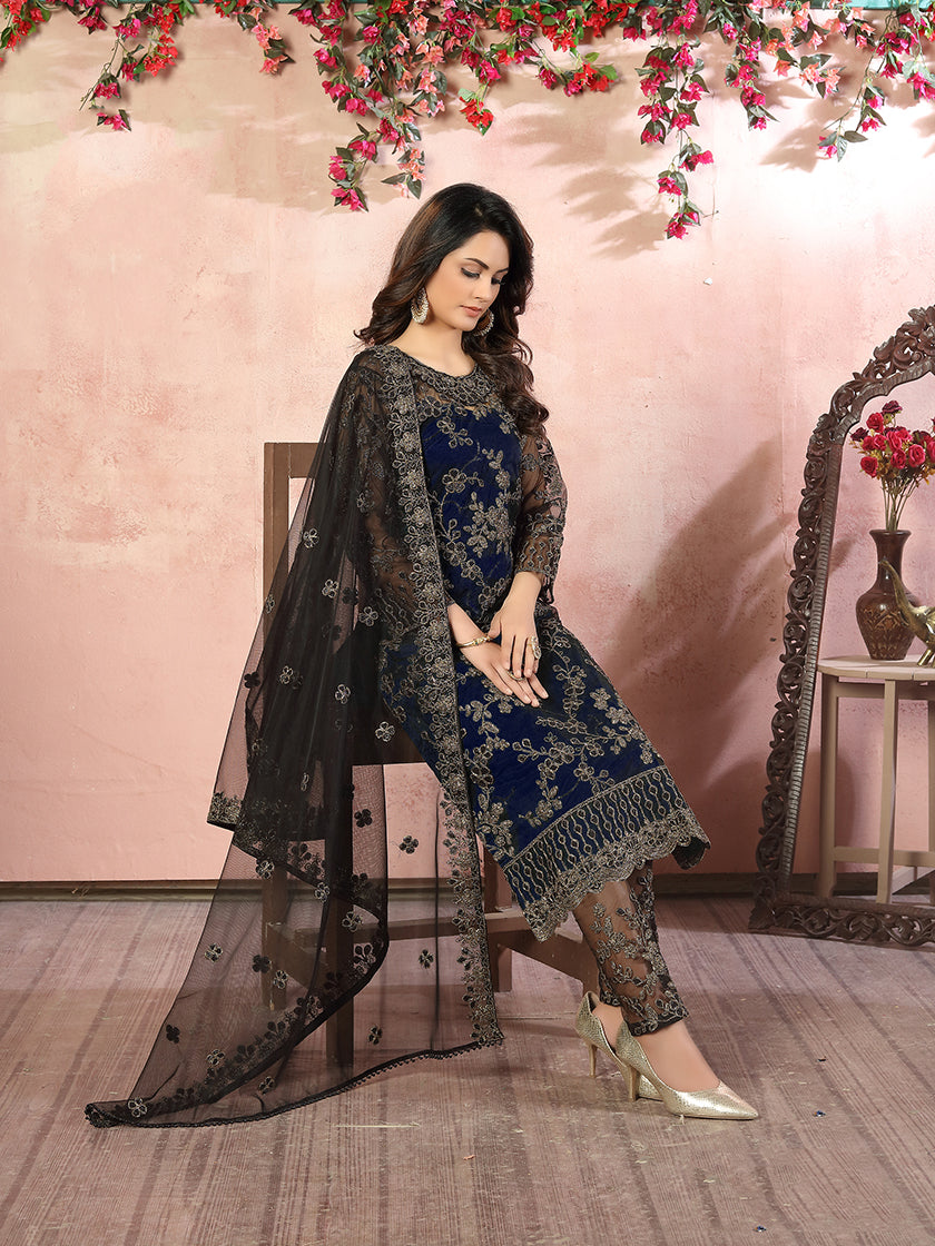 Monjolika Fashion Navy Net Embroidery Trendy Salwar Kameez