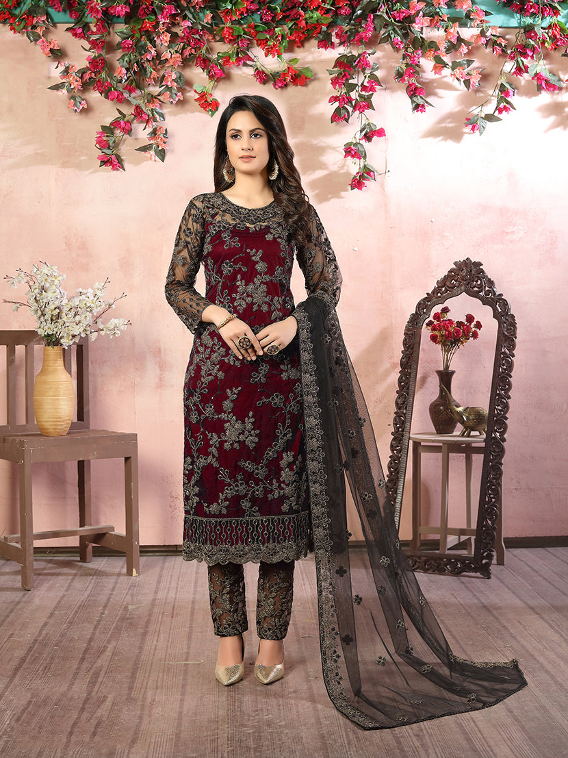 Monjolika Fashion Maroon Net Embroidery Trendy Salwar Kameez