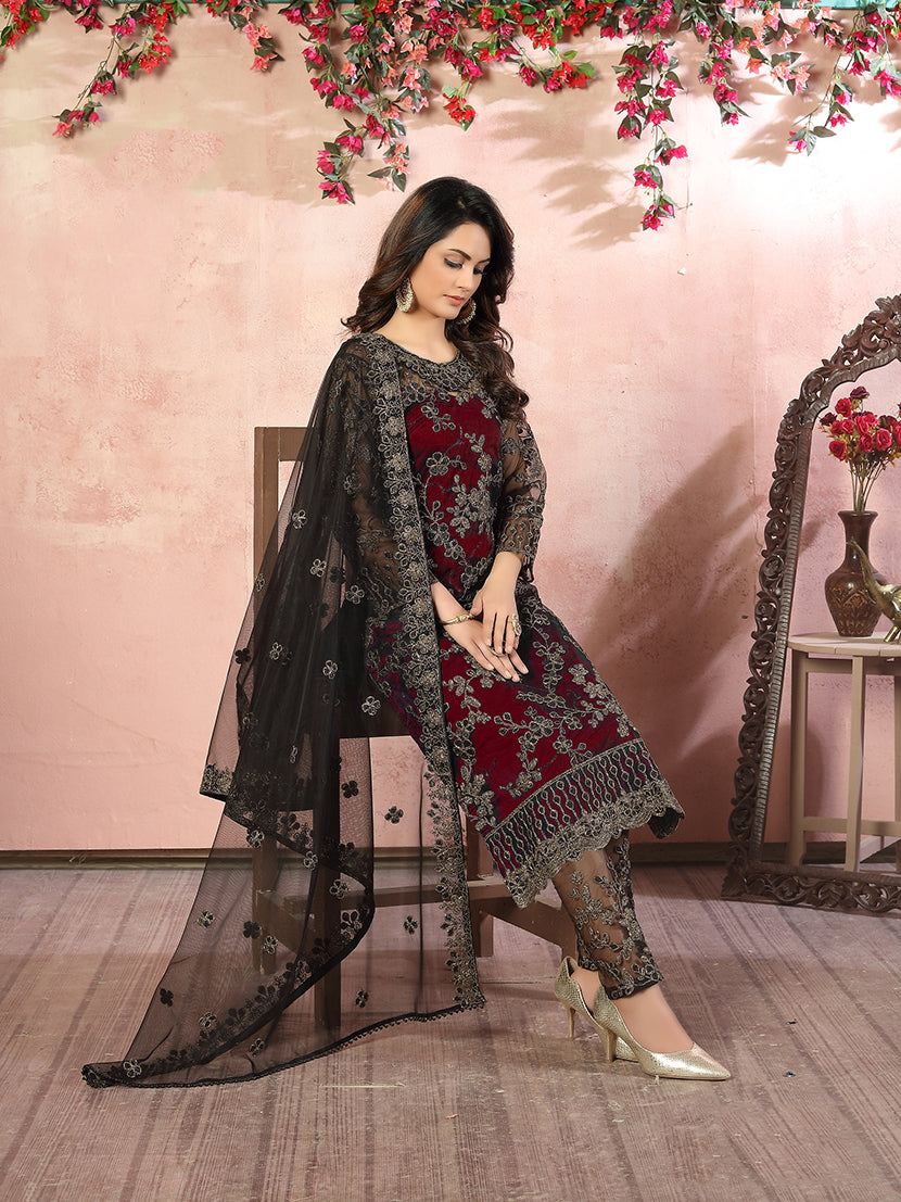 Monjolika Fashion Maroon Net Embroidery Trendy Salwar Kameez