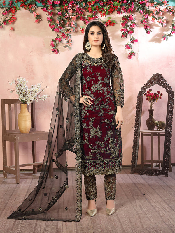 Monjolika Fashion Maroon Net Embroidery Trendy Salwar Kameez
