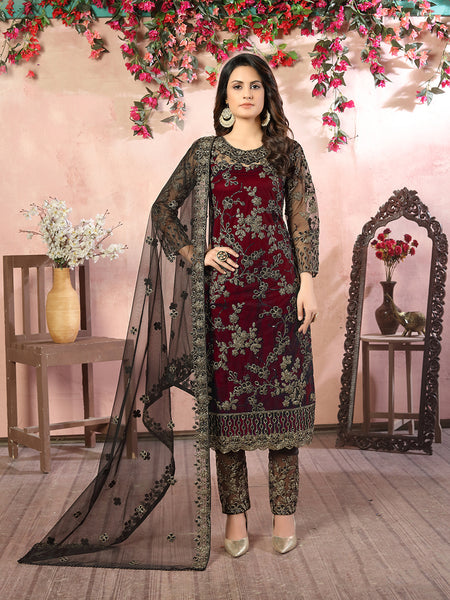 Monjolika Fashion Maroon Net Embroidery Trendy Salwar Kameez