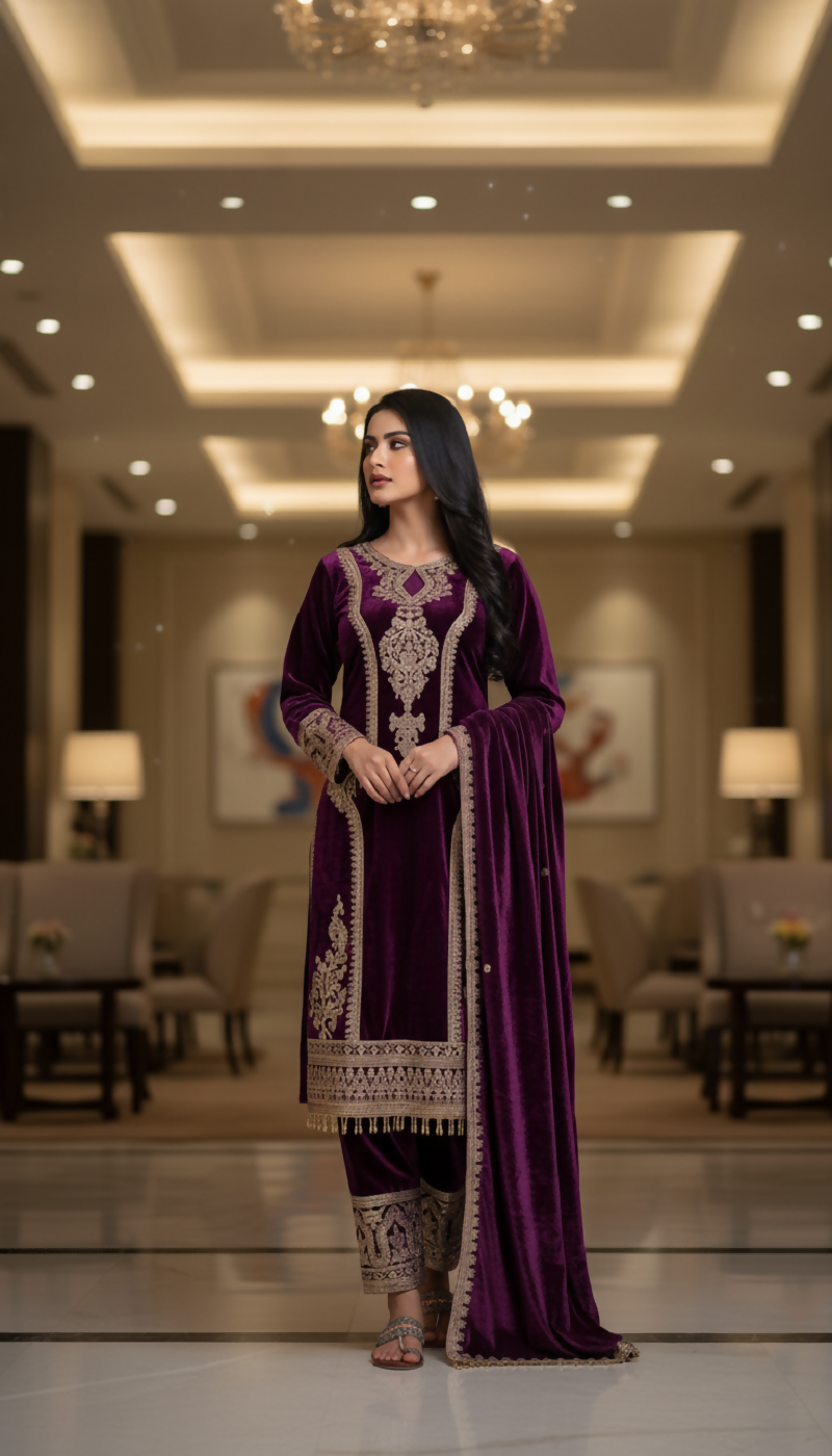 Joban Fashion Purple Velvet Embroidery Sequence Work Readymade Kurta Set - Distacart