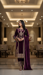 Thumbnail for Joban Fashion Purple Velvet Embroidery Sequence Work Readymade Kurta Set - Distacart