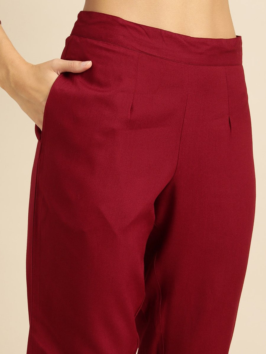 All About You Women Maroon Printed Kurta with Trousers - Distacart