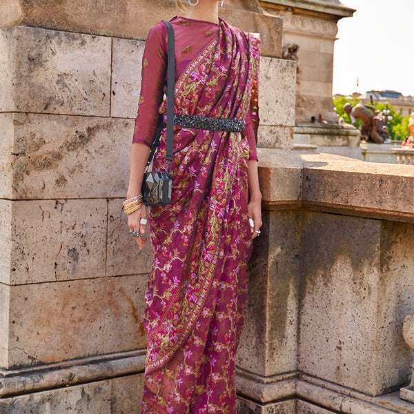 Monjolika Fashion Magenta Emblished Organza Contemporary Saree - Distacart