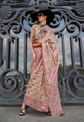 Monjolika Fashion Beige Emblished Organza Contemporary Saree