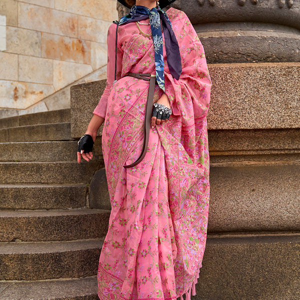 Monjolika Fashion Pink Emblished Organza Contemporary Saree - Distacart
