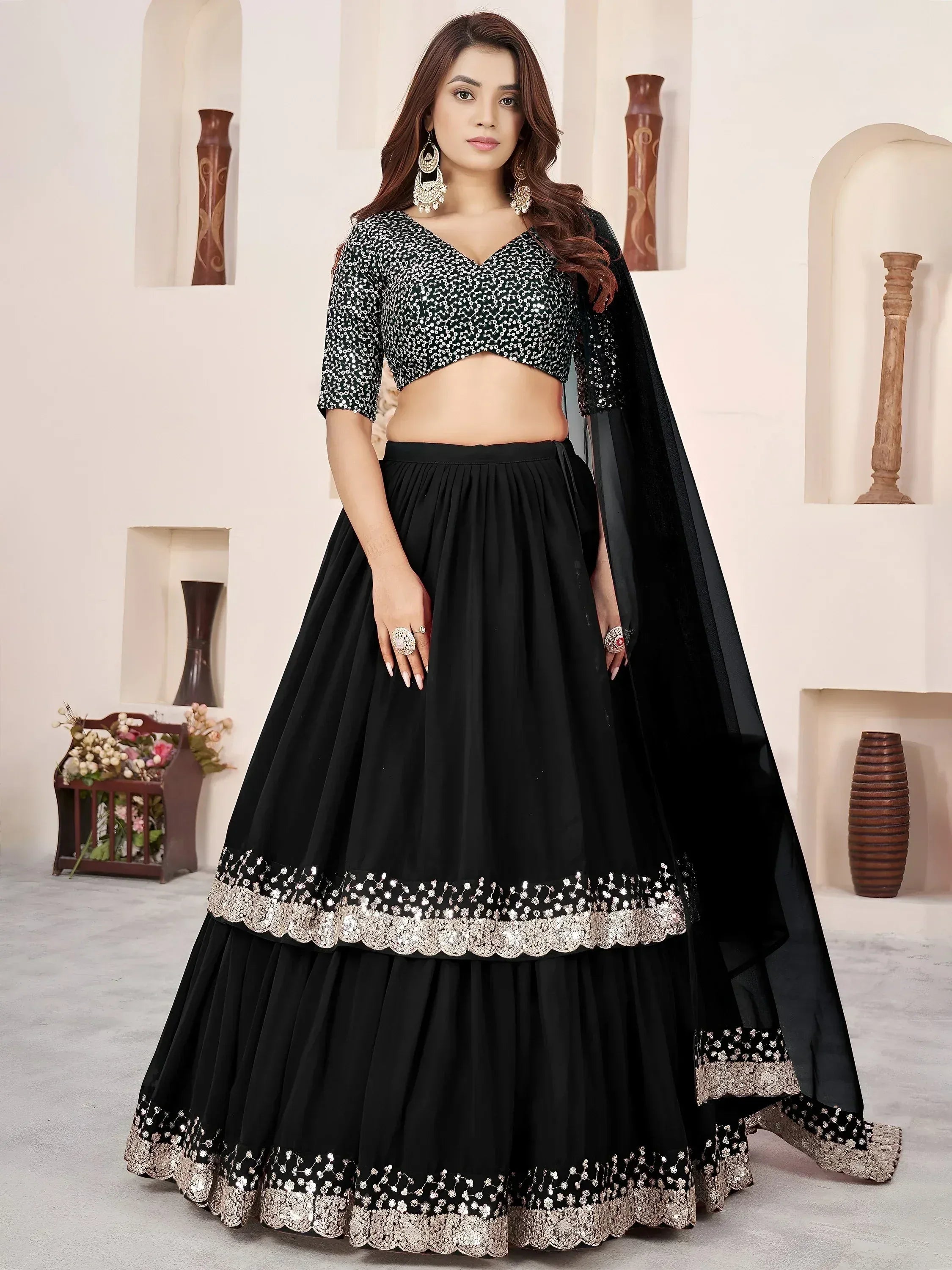 Tulsi Art Outstanding Black Sequins Georgette Wedding Wear Lehenga Choli - Dista