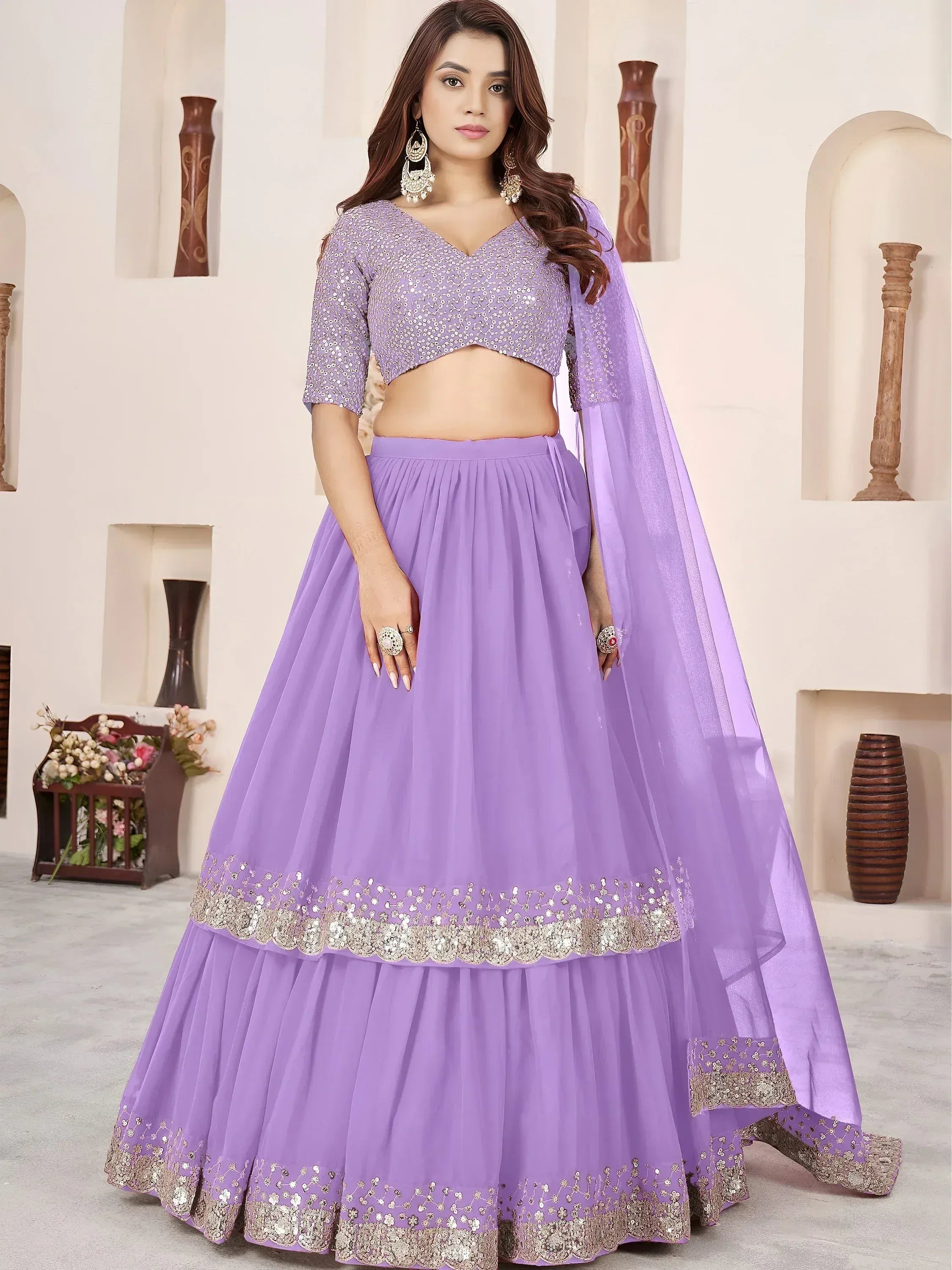 Tulsi Art Precious Lavender Sequins Georgette Wedding Wear Lehenga Choli - Dista