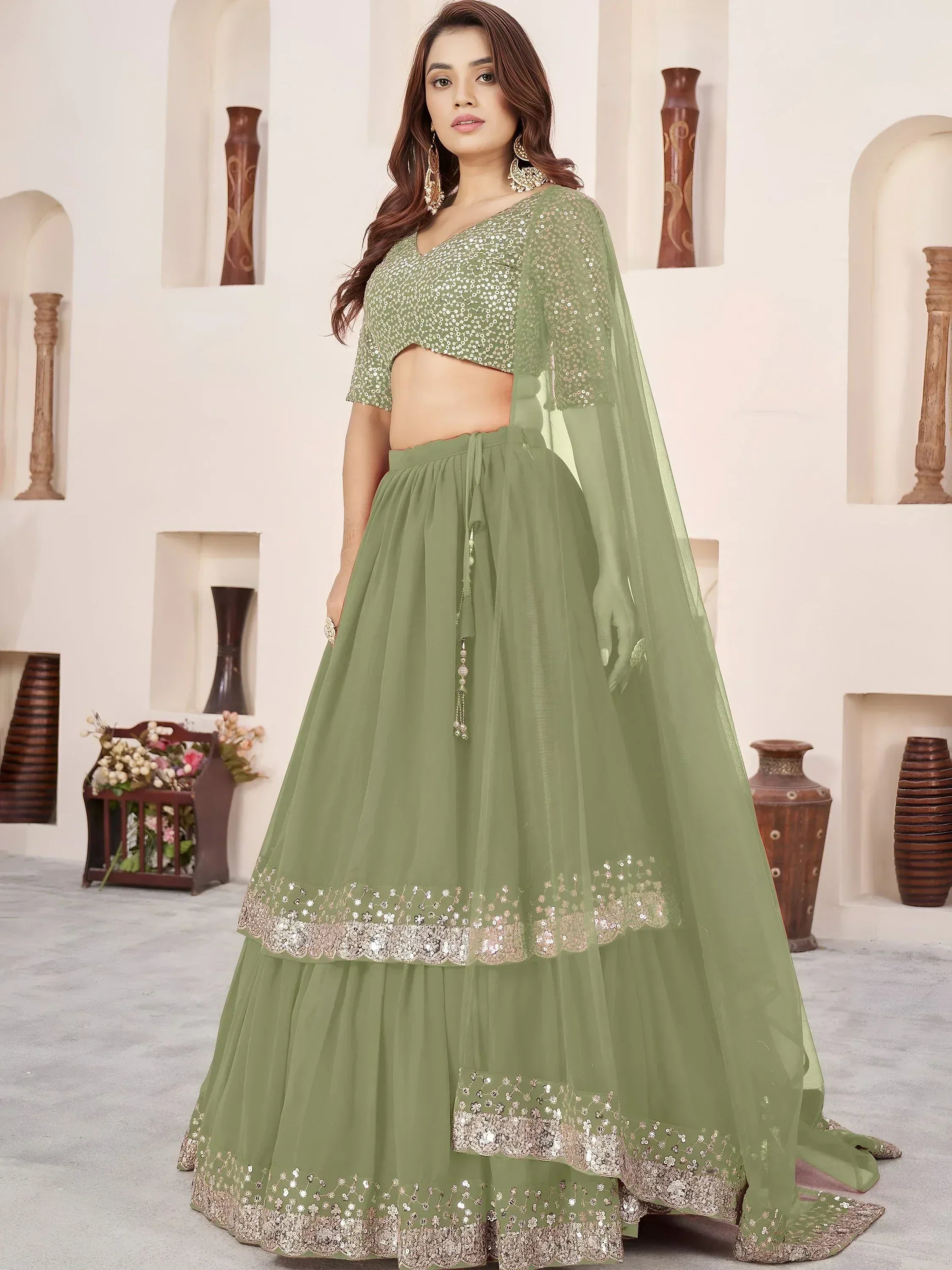 Tulsi Art Amazing Olive Green Sequins Georgette Wedding Wear Lehenga Choli - Dista