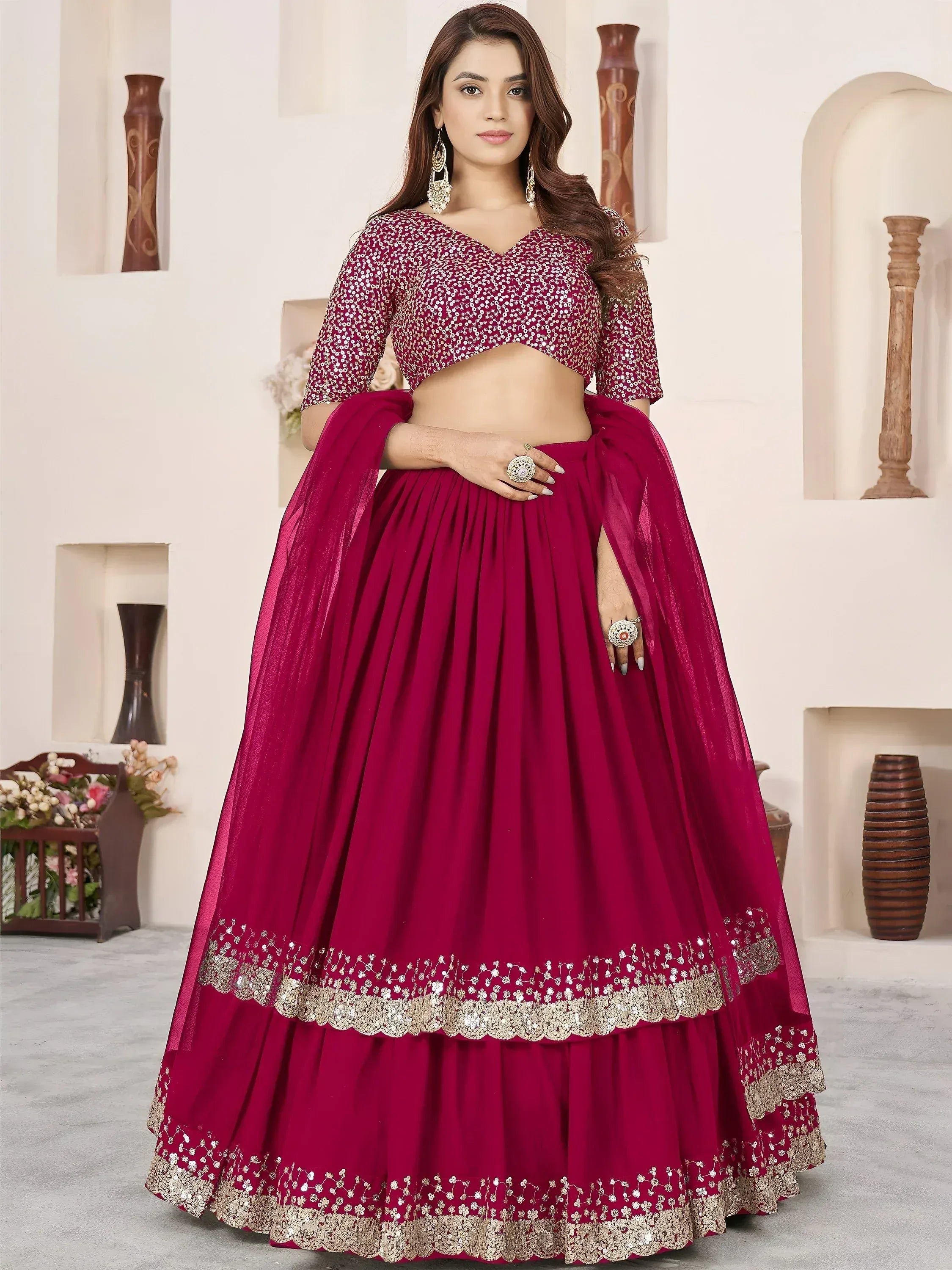 Tulsi Art Beautiful Pink Sequins Georgette Wedding Wear Lehenga Choli - Dista