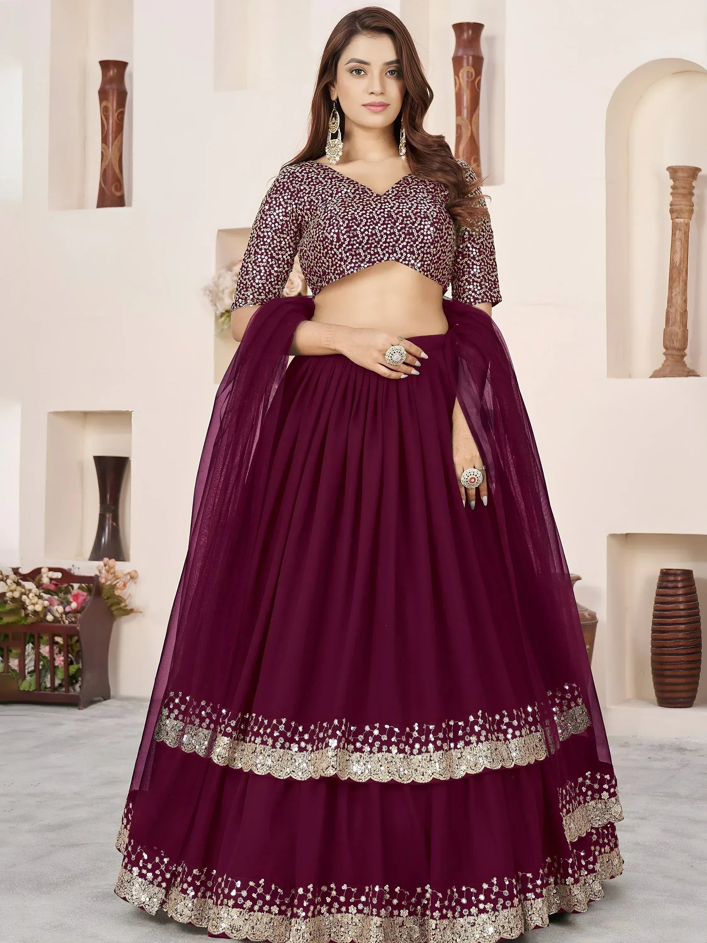 Tulsi Art Charming Purple Sequins Georgette Engagement Wear Lehenga Choli - Dista
