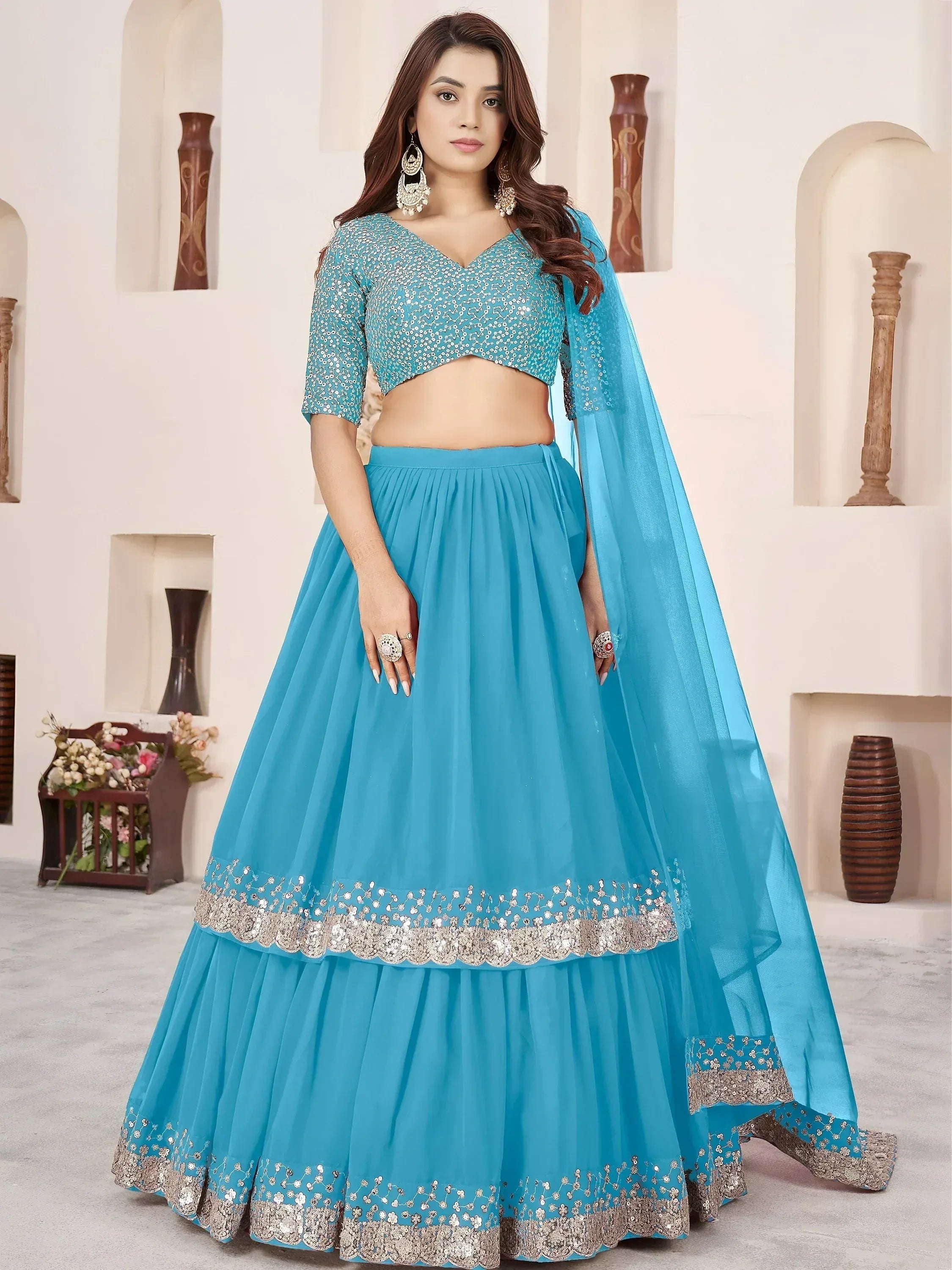 Tulsi Art Dazzling Sky Blue Sequins Georgette Sangeet Wear Lehenga Choli - Dista