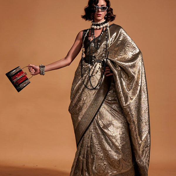 Monjolika Fashion Black And Gold Kanjipuram Silk Woven Designer Saree - Distacart
