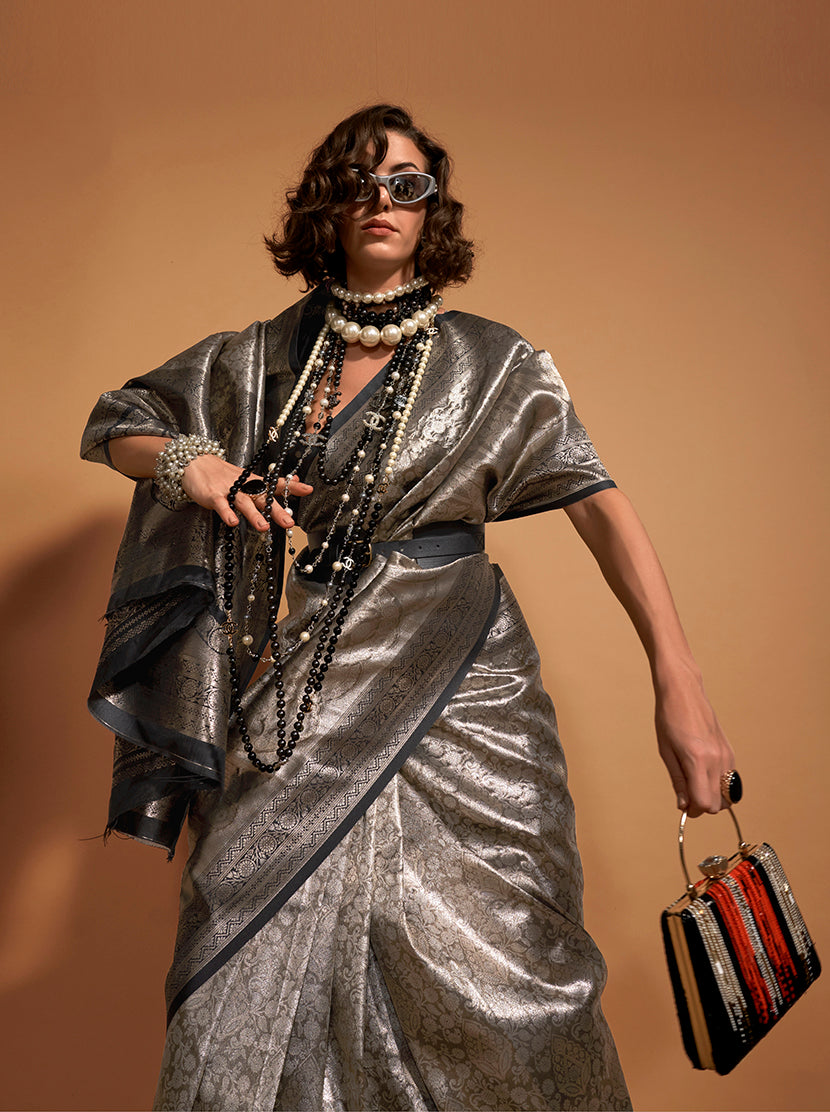 Monjolika Fashion Black And Gold Kanjipuram Silk Woven Designer Saree