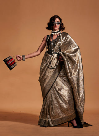 Monjolika Fashion Black And Gold Kanjipuram Silk Woven Designer Saree