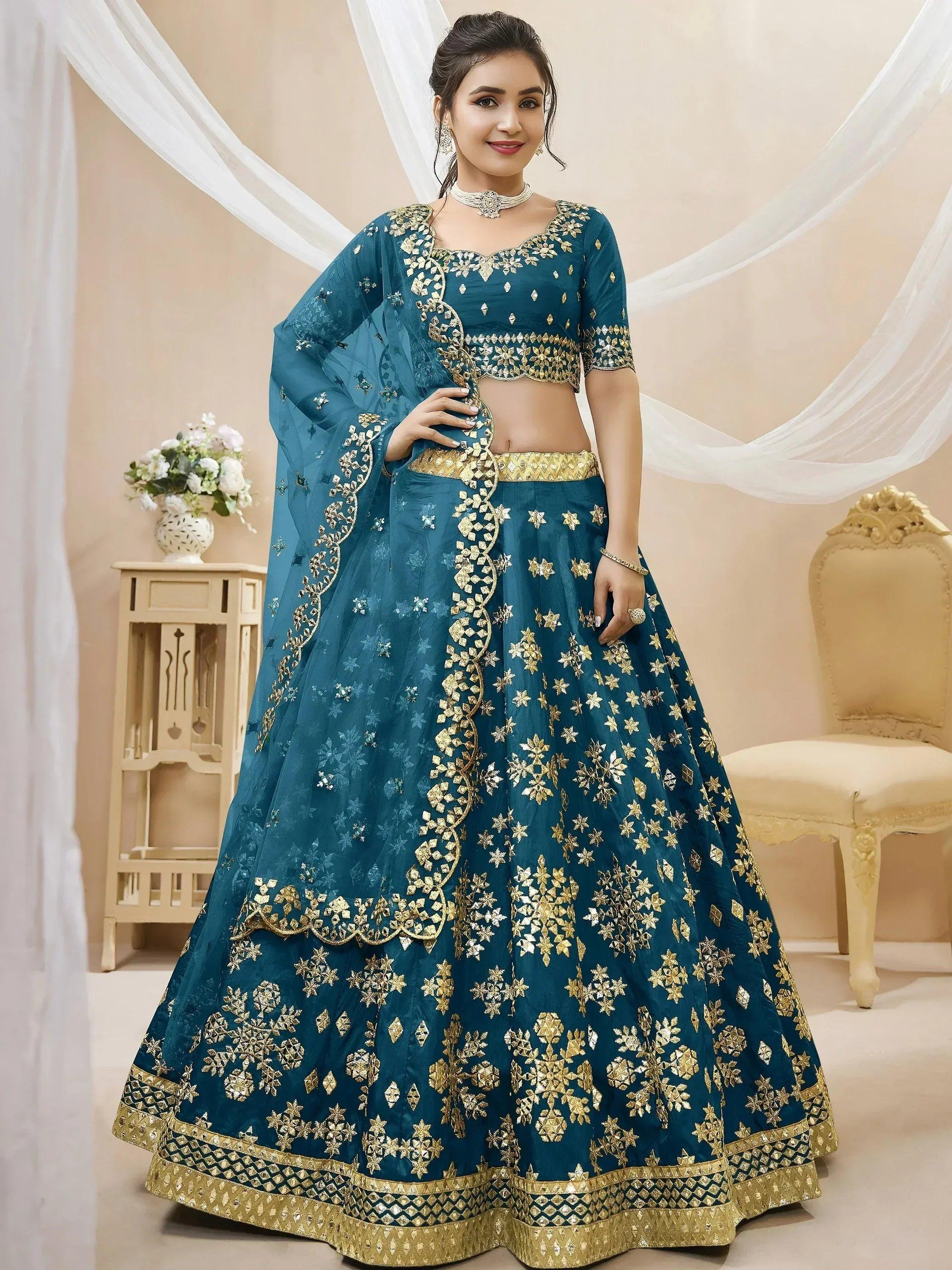 Tulsi Art Irresistible Blue Zari Work Art Silk Wedding Wear Lehenga Choli - Dista