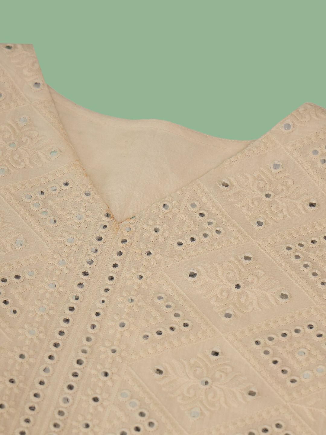 Sangria Off White Floral Embroidered Mirror Work Pure Cotton Anarkali Kurta Set - Distacart