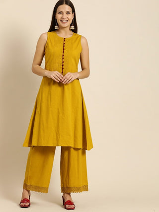All About You Women Mustard Yellow Self Design Pure Cotton A-Line Kurta with Palazzos - Distacart