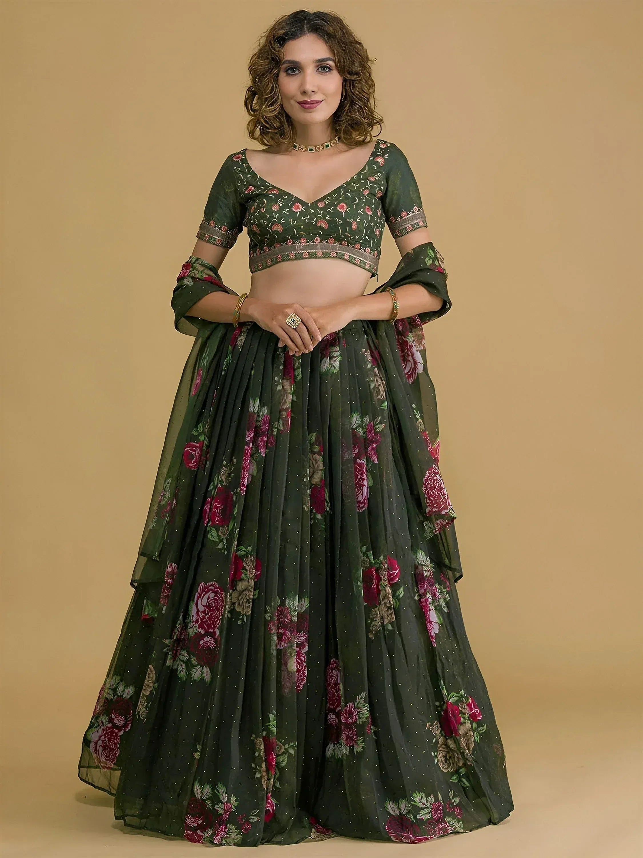 Tulsi Art Beautiful Green Floral Printed Organza Lehenga Choli With Dupatta - Dista