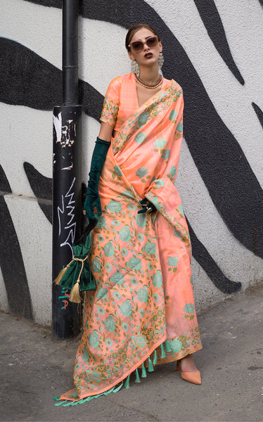 Monjolika Fashion Handloom Weaving Ethnic Saree In Peach