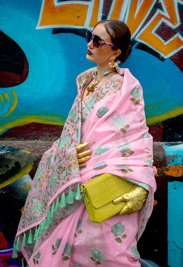 Monjolika Fashion Handloom Weaving Ethnic Saree In Pink