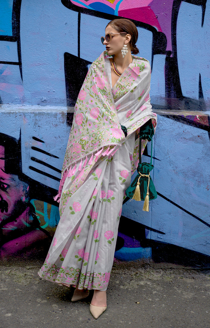 Monjolika Fashion Handloom Weaving Ethnic Saree In Grey - Distacart