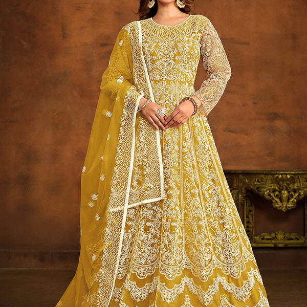 Monjolika Fashion Yellow Net Ceremonial Floor Length Salwar Kameez - Distacart